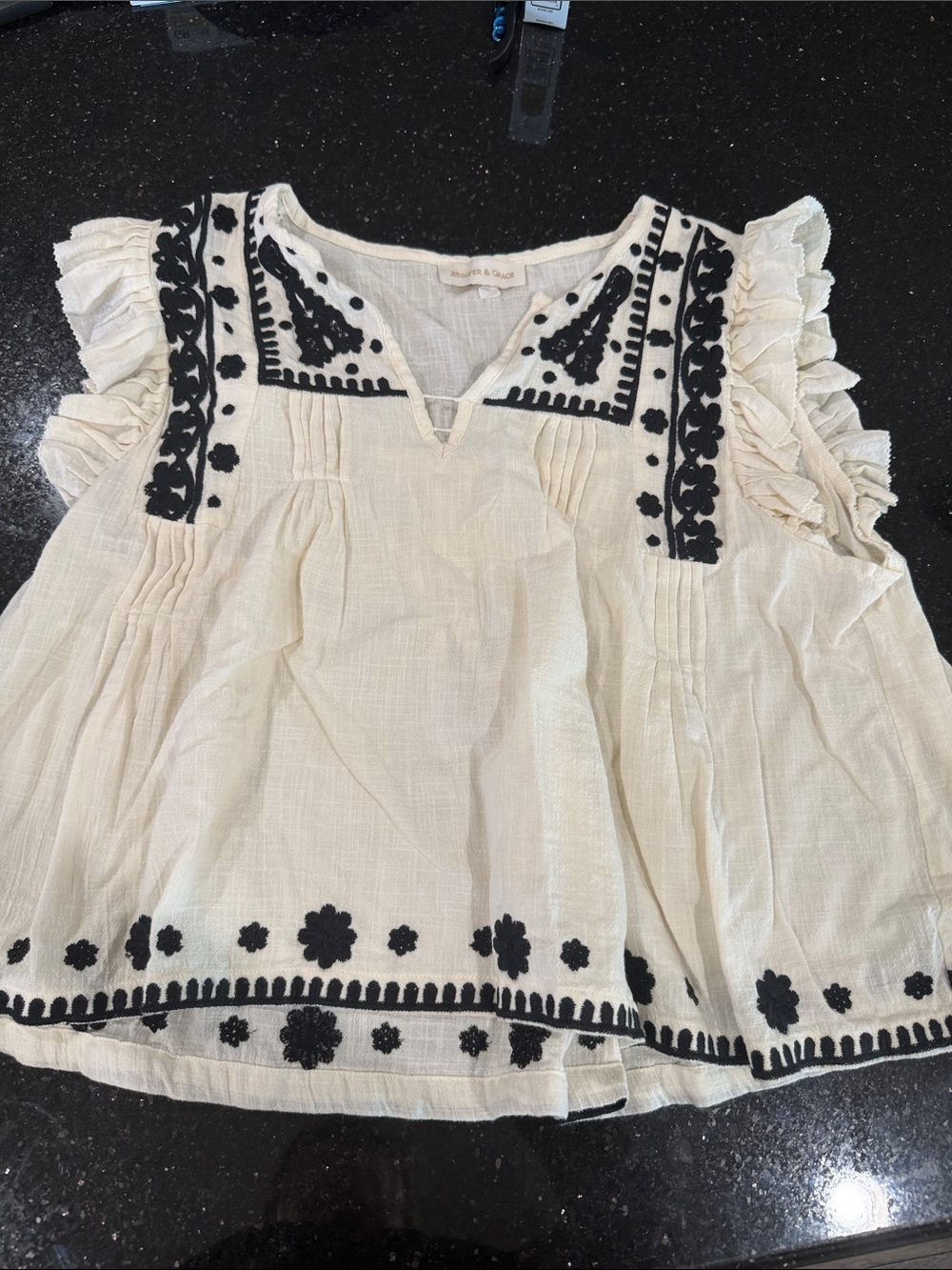 Jennifer & grace Light Cream Embroidered Flutter Sleeve Top